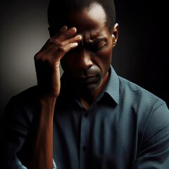 A middle age africa man portrait having a headache, with the rim light. The background is black