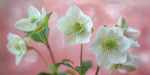 A bouquet of white flowers with pink stems