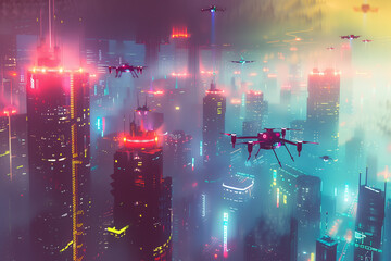 Futuristic cityscape with drones flying overhead, high detail, vibrant colors