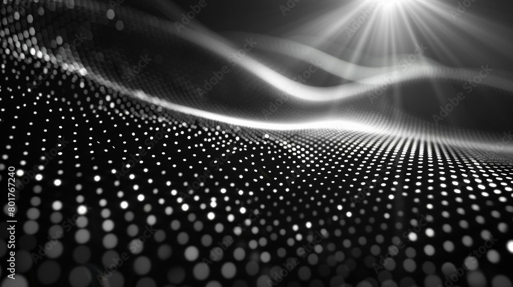 Poster illustration featuring a dark abstract backdrop with circular shapes and dotted halftone patterns.