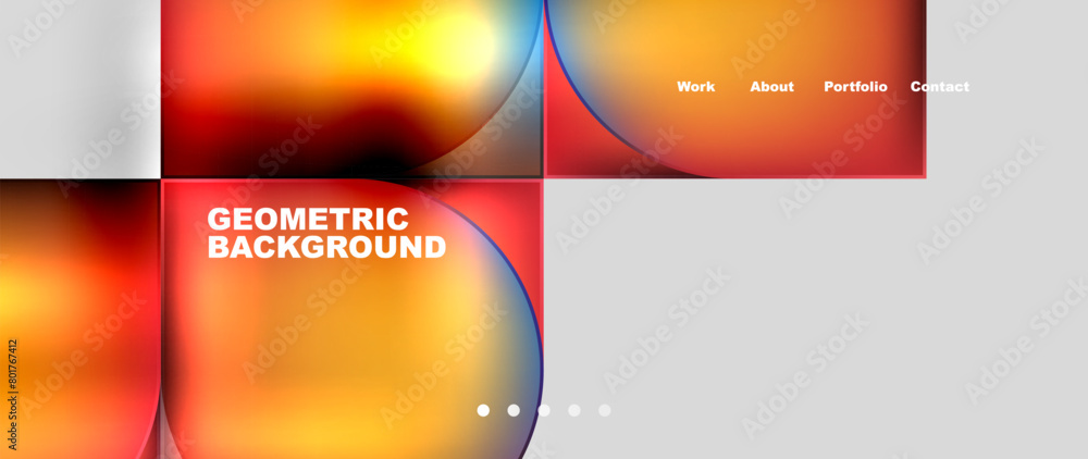 Aufkleber The geometric background features a vibrant display of squares and circles in various hues such as electric blue, amber, and orange, creating a colorful and dynamic visual effect