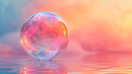 Iridescent balloon bubble on pastel background with gradient. A vibrant and whimsical bubble of joy radiates in the sky, its radiant rainbow background captivating the viewer with its dazzling colors