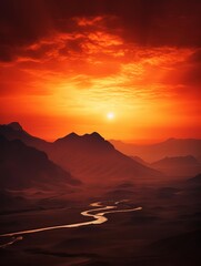 The image shows a beautiful landscape with a river flowing through a valley and mountains in the background. The sky is a deep orange color.