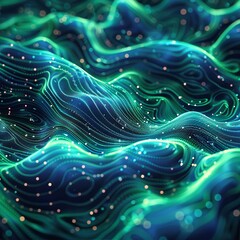 The neon green patterns and shapes in the art piece were created by artificial intelligence.