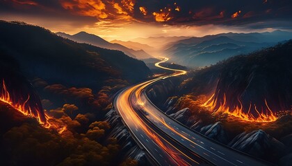 "Mountain Inferno: Dark Roadway Against a Backdrop of Fire"





