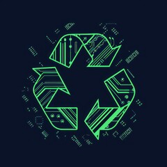 recycling symbol made on circuit board at black background