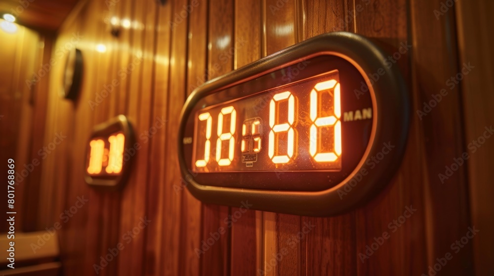 Poster image 11 a closeup of a digital sauna timer displaying large bold numbers counting down the remainin