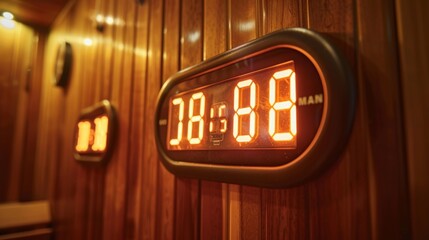 image 11 A closeup of a digital sauna timer displaying large bold numbers counting down the remaining minutes in the session..