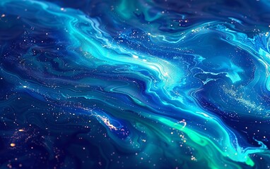 Abstract patterns of swirling blue and green acrylic paint dance in the water, casting a vibrant glow under the neon lighting. AI-assisted creation.