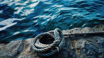 A rope is tethered to a rock by the fluid landscape of water, swaying with each wind wave. The electric blue waves create a mesmerizing art event AIG50
