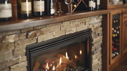 Fototapeta premium Admire the seamless blend of form and function in this fireplace complete with a builtin wine rack for easy access to your favorite vintages. 2d flat cartoon.