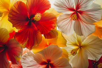 A close up of a bunch of flowers with a mix of red, yellow, and white