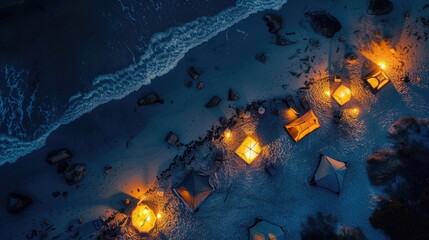 A captivating aerial view of a beach at night with a string of lanterns illuminating the waters edge, creating a magical atmosphere under the cover of darkness AIG50