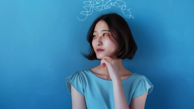 A young woman with a troubled expression stands against a blue background, her hand on her chin. A tangled line above her head represents her confused thoughts and mental state.
