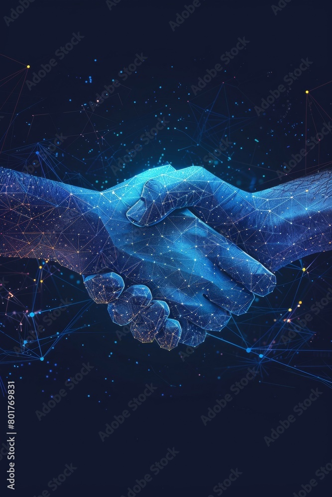 Poster futuristic partner handshake design with polygonal abstraction on a dark blue backdrop. ideal for bu