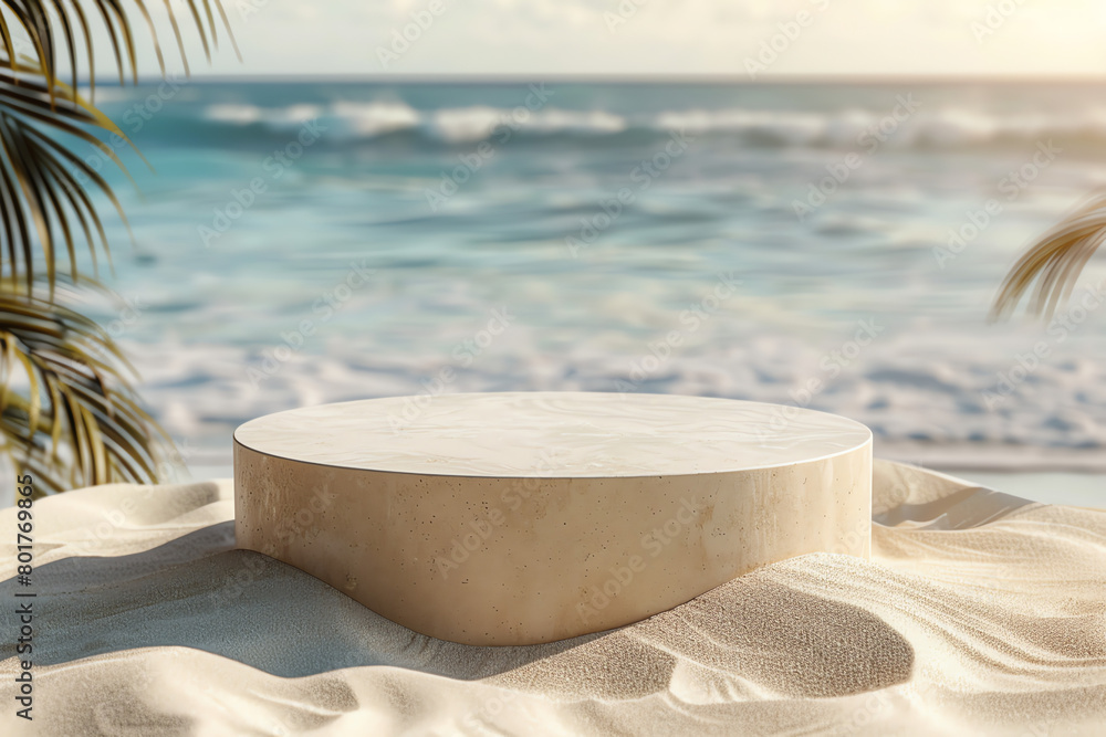 Poster a serene beach setting featuring a minimalist round table on soft sand with gentle waves in the back