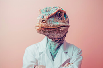 Iguana in Lab Coat Poses as Scientist on Pink Background