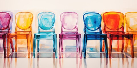 Collection of colorful plastic  chairs - obrazy, fototapety, plakaty