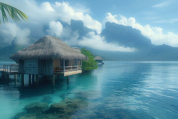 In sea of azure water, pier with thatched wooden huts overlooks Bora Bora AI Generative