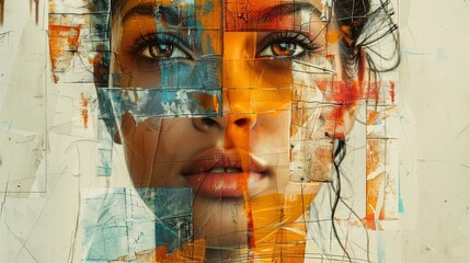 Contemporary abstract artwork featuring a collage portrait of a youth. Stylish paper collage layout created using artificial intelligence.