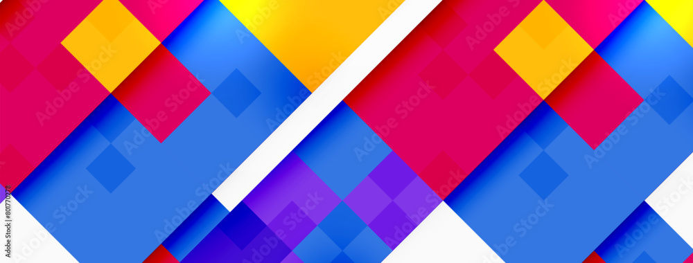 Poster an artistic display of colorfulness featuring azure rectangles and purple triangles on a white backg