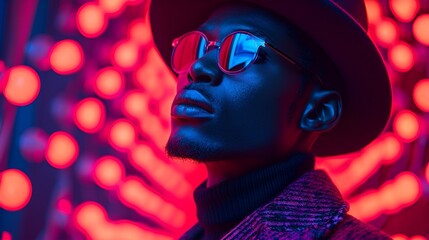 African-american male - blue outfit - hat - red background - stylish composition - fashion shoot - style maker - trend setter 