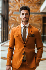 A handsome man in an orange suit stands confidently inside the hotel lobby