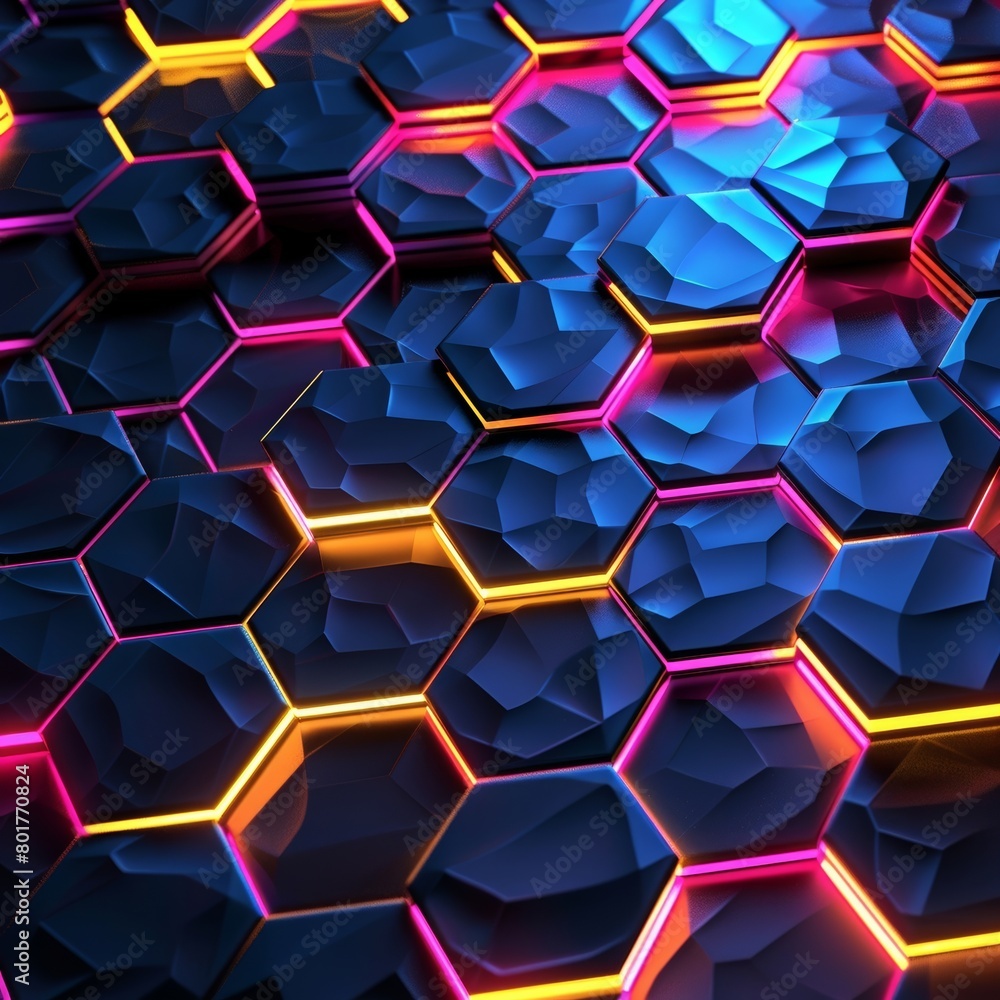 Poster futuristic design featuring illuminated hexagonal shapes. modern digital pattern resembling a honeyc