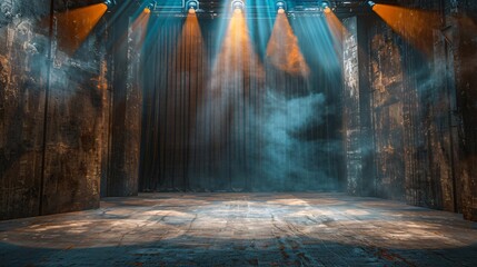 Theatre Stage, A dramatic scene on a theatrical stage, actors performing under bright spotlights, captivating the audience.