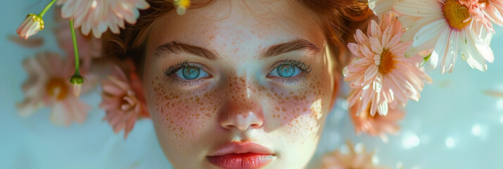 Close Up Portrait of Young Woman with Freckles and Flowers