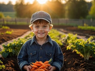 Happy little child farm boy on eco farm picking carrots. A small child on a farm on a beautiful sunny day. Boy outside in the garden.