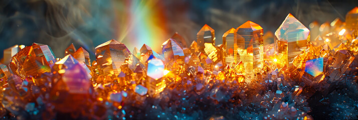 A collection of crystals with a rainbow in the background