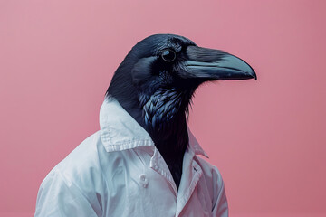 Fototapeta premium Surreal Portrait of a Raven in a White Lab Coat Against a Pink Background