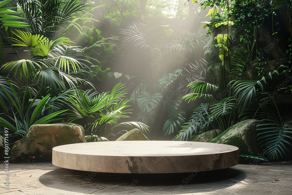 Poster a circular wooden platform surrounded by lush green foliage in a tranquil forest setting with soft l