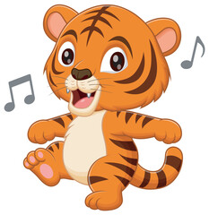 Cute Tiger Dancing Cartoon Vector Illustration. Animal Nature Icon Concept Isolated Premium Vector	