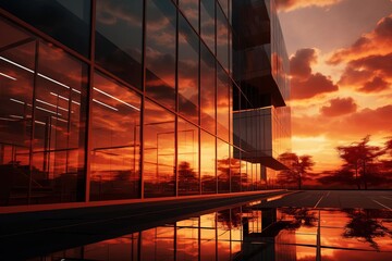 The photo shows a modern glass and steel office building with a reflection of a beautiful sunset.