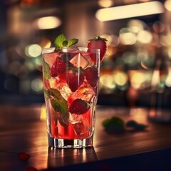 strawberry mojito drink, mint leaves on a bar counter