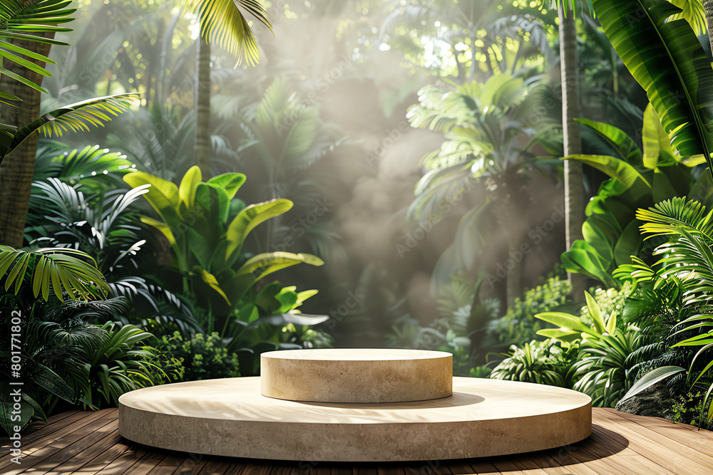 Poster a serene circular platform surrounded by lush tropical greenery illuminated by soft rays of light in
