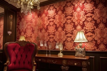 a red chair is next to a lamp and a lamp.