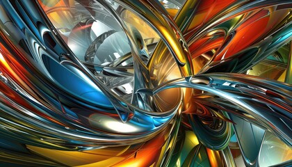 3D metallic-looking in theme of colorful representations of textures, and a dynamic, energetic atmosphere