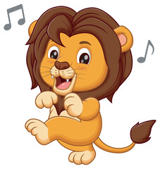 Cute Lion Dancing Cartoon Vector Illustration. Animal Nature Icon Concept Isolated Premium Vector	