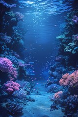An aquatic scene glows softly with the light of bioluminescent corals and fish, creating a mesmerizing contrast against the dark, tranquil ocean backdrop under the sparkling starry sky.