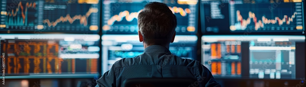 Poster in a corporate environment, a seasoned finance specialist is deeply focused on analyzing stock marke