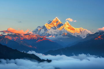 Majestic mountain range with snow peaks during sunrise, panoramic view
