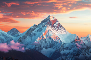 Majestic mountain range with snow peaks during sunrise, panoramic view