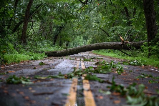 A fallen tree obstructed the path on the road.
