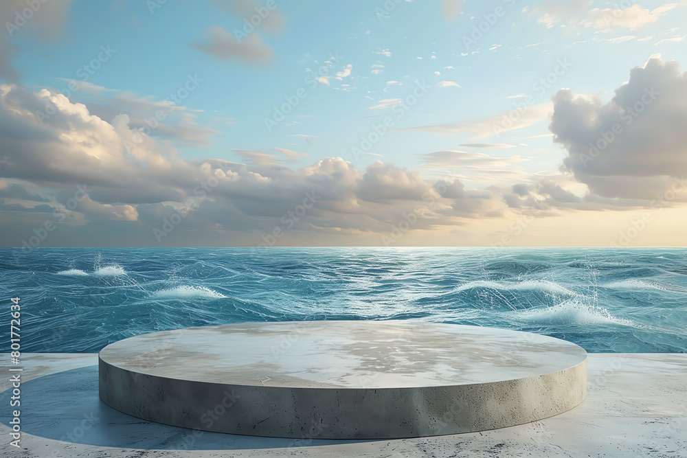 Poster calm ocean view at sunset with a circular platform overlooking the water and clouds in the sky