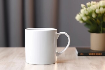 Simple mockup of an all white straight mug, placed on the table in front view with a book and flower pot behind it