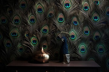 a vase and a vase are on a table with a peacock feather design.