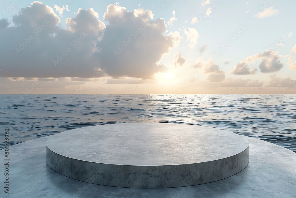 Aufkleber a serene view of a circular stone platform on water during sunset with soft clouds and gentle waves